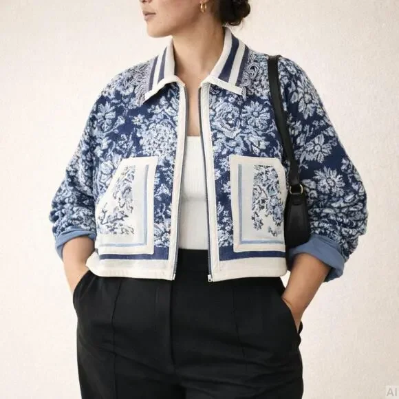 Handmade Cropped Zip Jacket Size L Floral Jacquard Statement Print - Picture 3 of 8